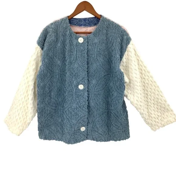 Handmade Women's XL Color Block Terrycloth Cardigan Jacket Blue Pink White - Picture 2 of 4